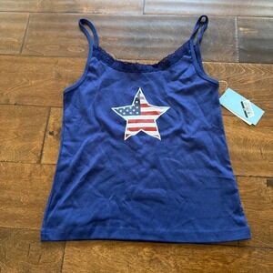 MODERN LUX Navy Blue Star American Flag  USA Lace Trim Cami Tank Top Women's L